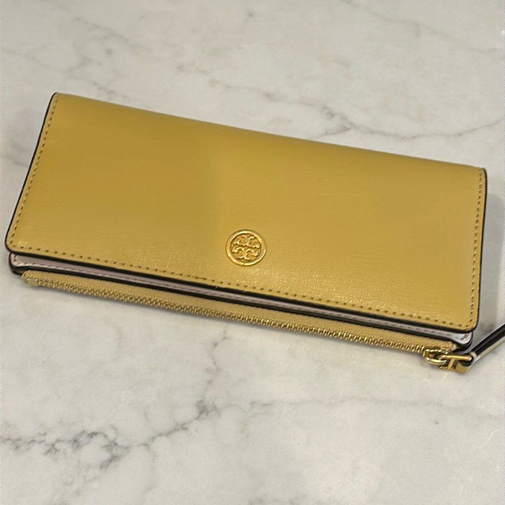 Tory Burch mustard bifold leather wallet
